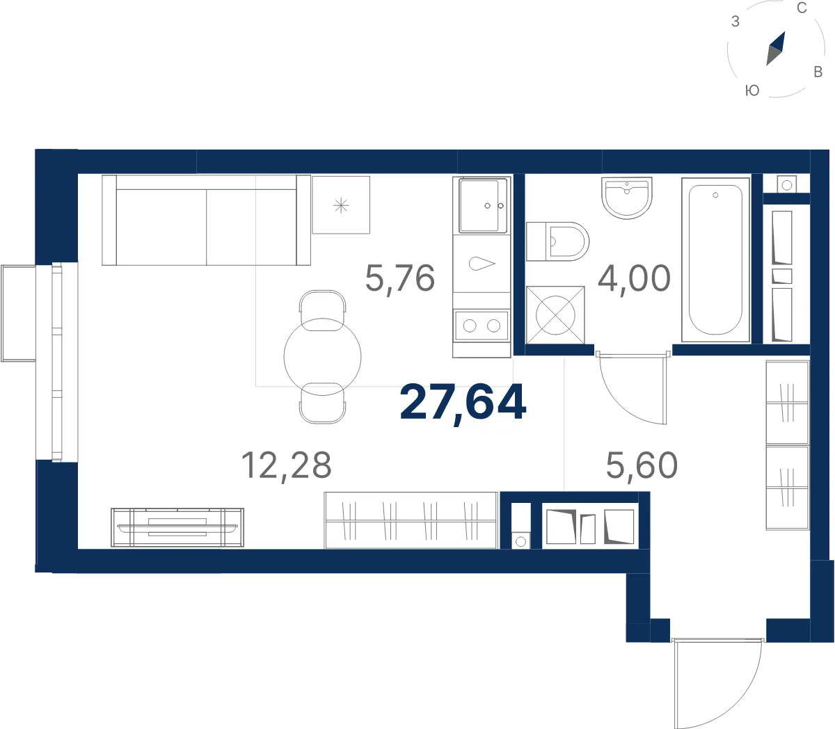 Планировка квартиры №2.19.12 в проекте Атлас Ривер Дом 2 Студия 27.64 м² 19 этаж