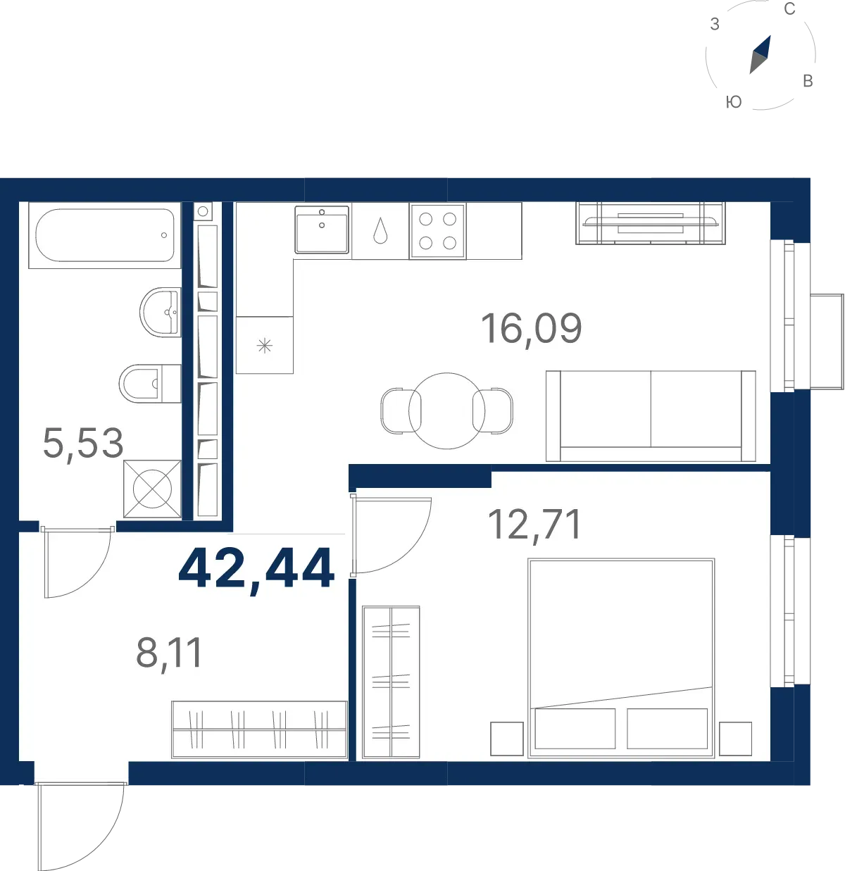 Планировка квартиры №3.11.7 в проекте Атлас Ривер Дом 3 1-комнатная 42.44 м² 11 этаж