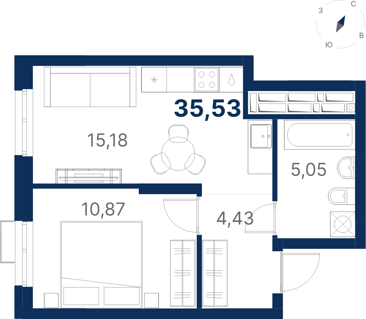 Планировка квартиры №3.24.2 в проекте Атлас Ривер Дом 3 1-комнатная 35.53 м² 24 этаж