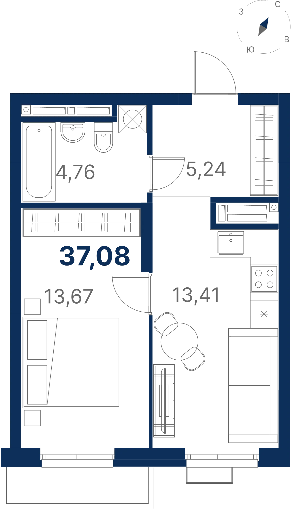 Планировка квартиры №3.15.10 в проекте Атлас Ривер Дом 3 1-комнатная 37.08 м² 15 этаж