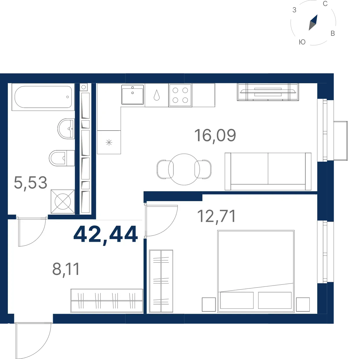 Планировка квартиры №3.7.7 в проекте Атлас Ривер Дом 3 1-комнатная 42.44 м² 7 этаж