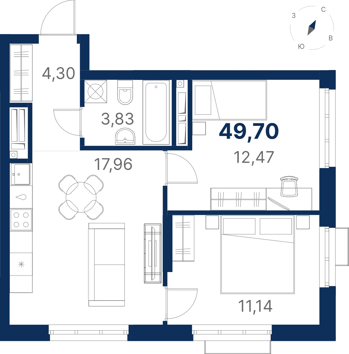 Планировка квартиры №3.10.9 в проекте Атлас Ривер Дом 3 2-комнатная 49.7 м² 10 этаж