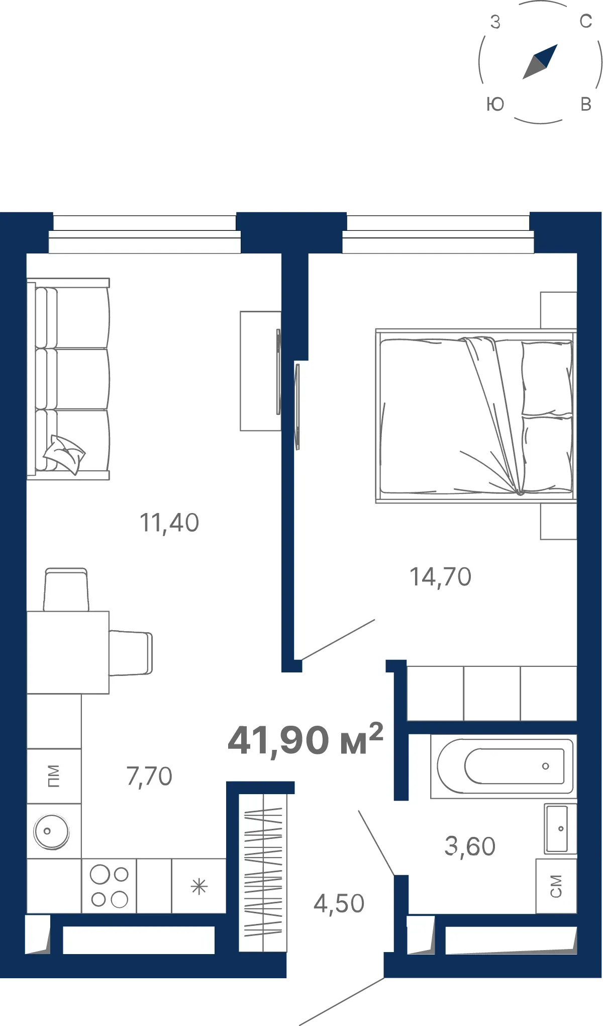 Планировка квартиры №3.31.03 в проекте 4Ю Дом 3 2-комнатная 42.7 м² 31 этаж