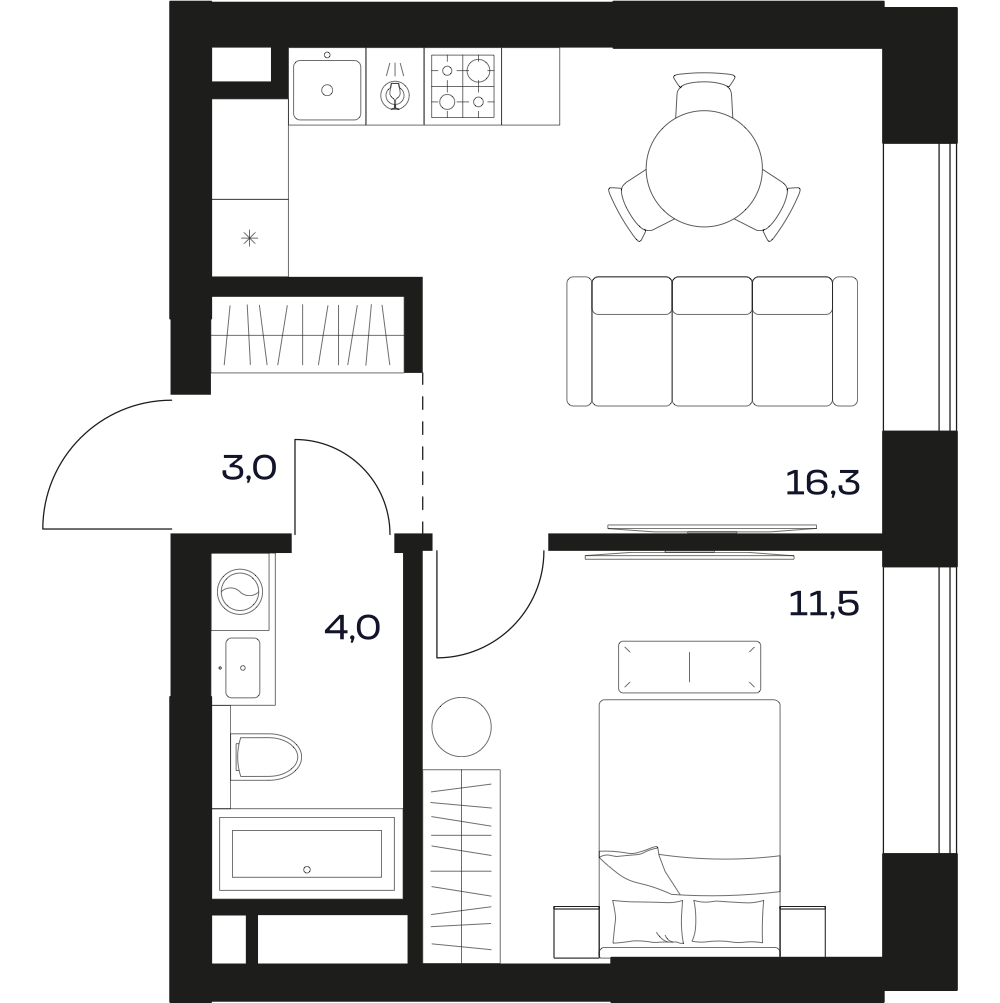 Планировка квартиры 1 сп 36.9 м²
