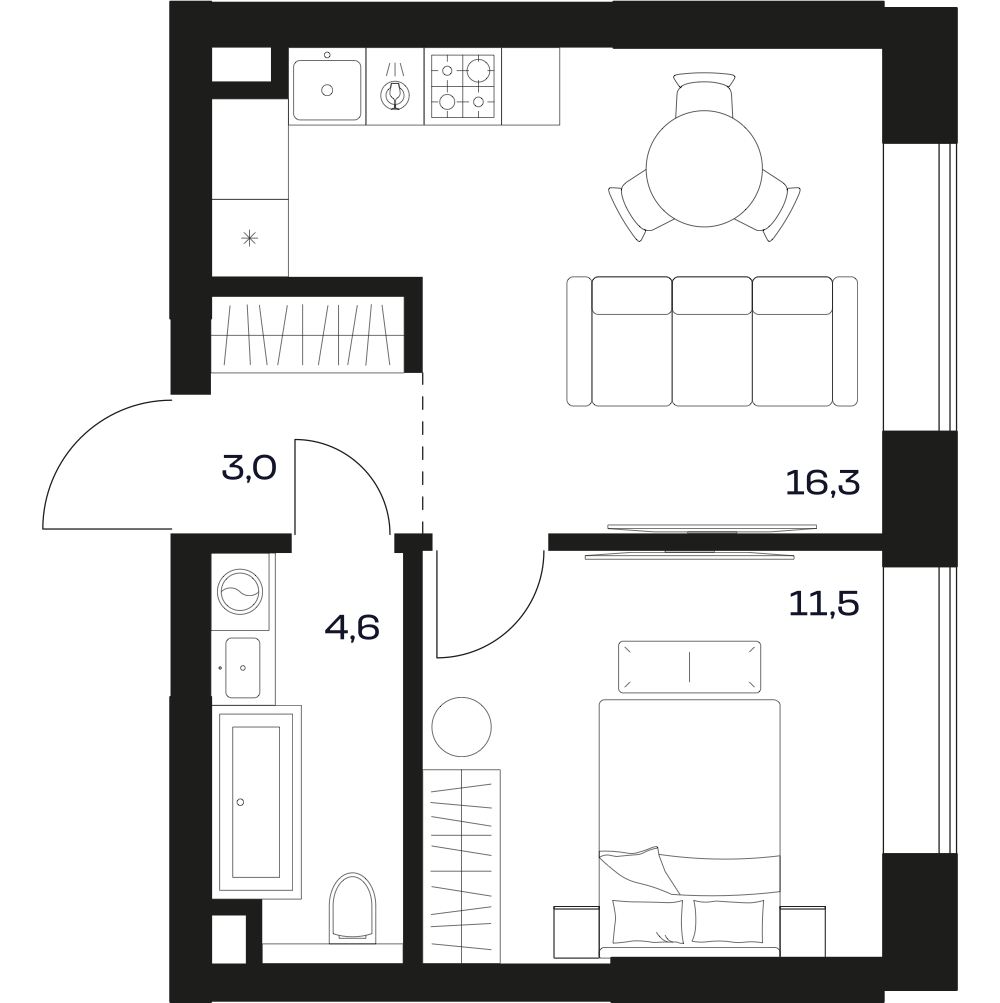 Планировка квартиры 1 сп 37.5 м²