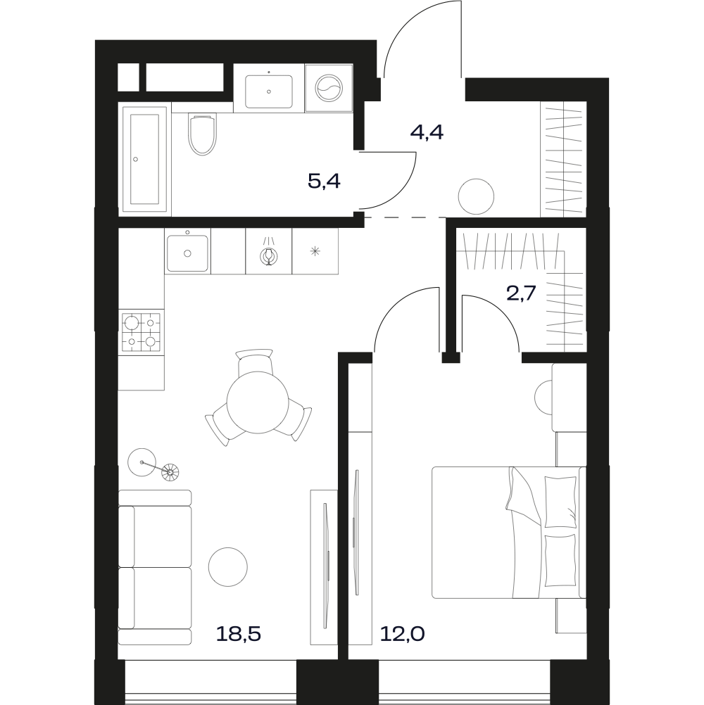 Планировка квартиры 1 сп 45.8 м²