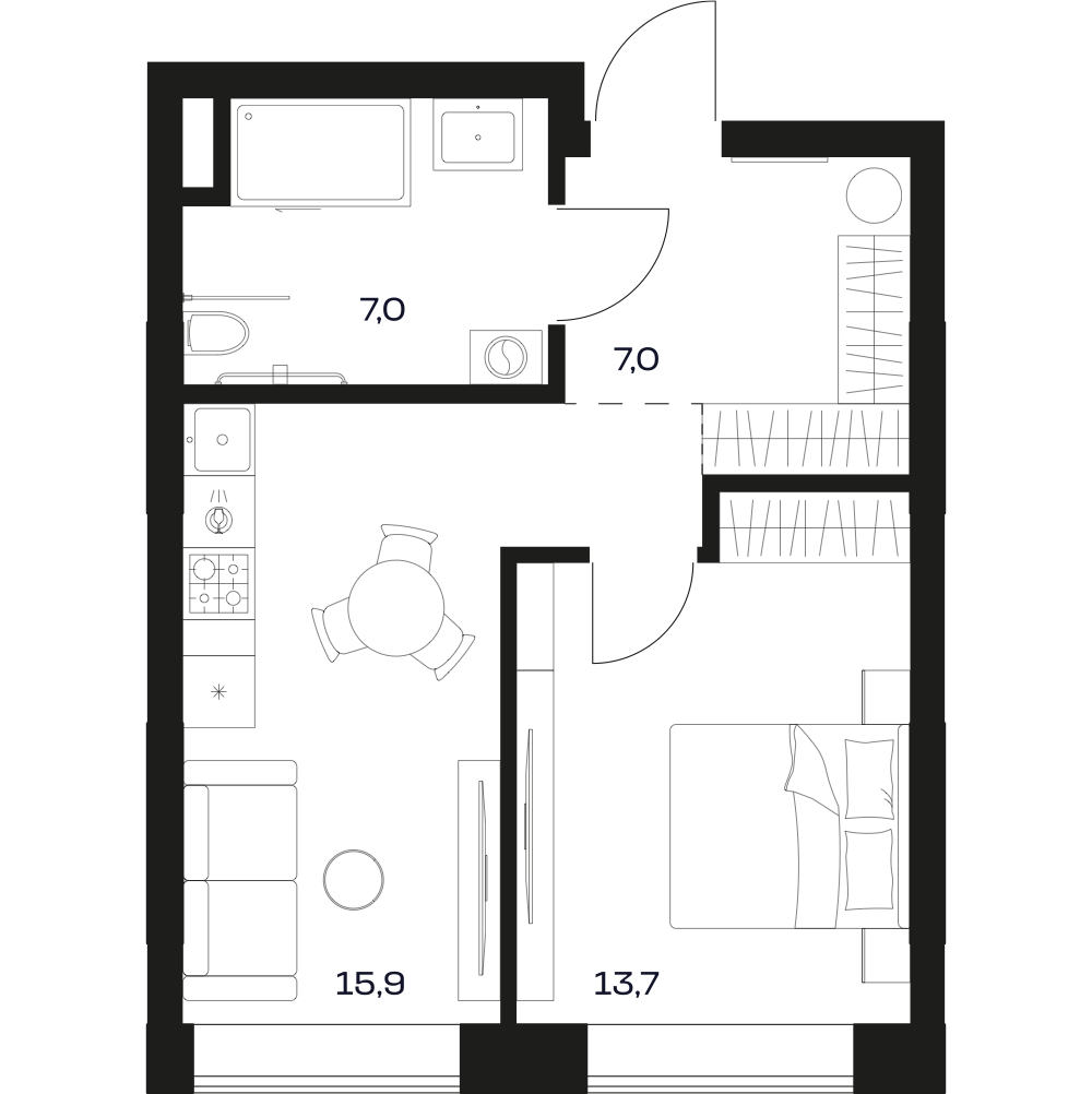 Планировка квартиры 1 сп 46.2 м²