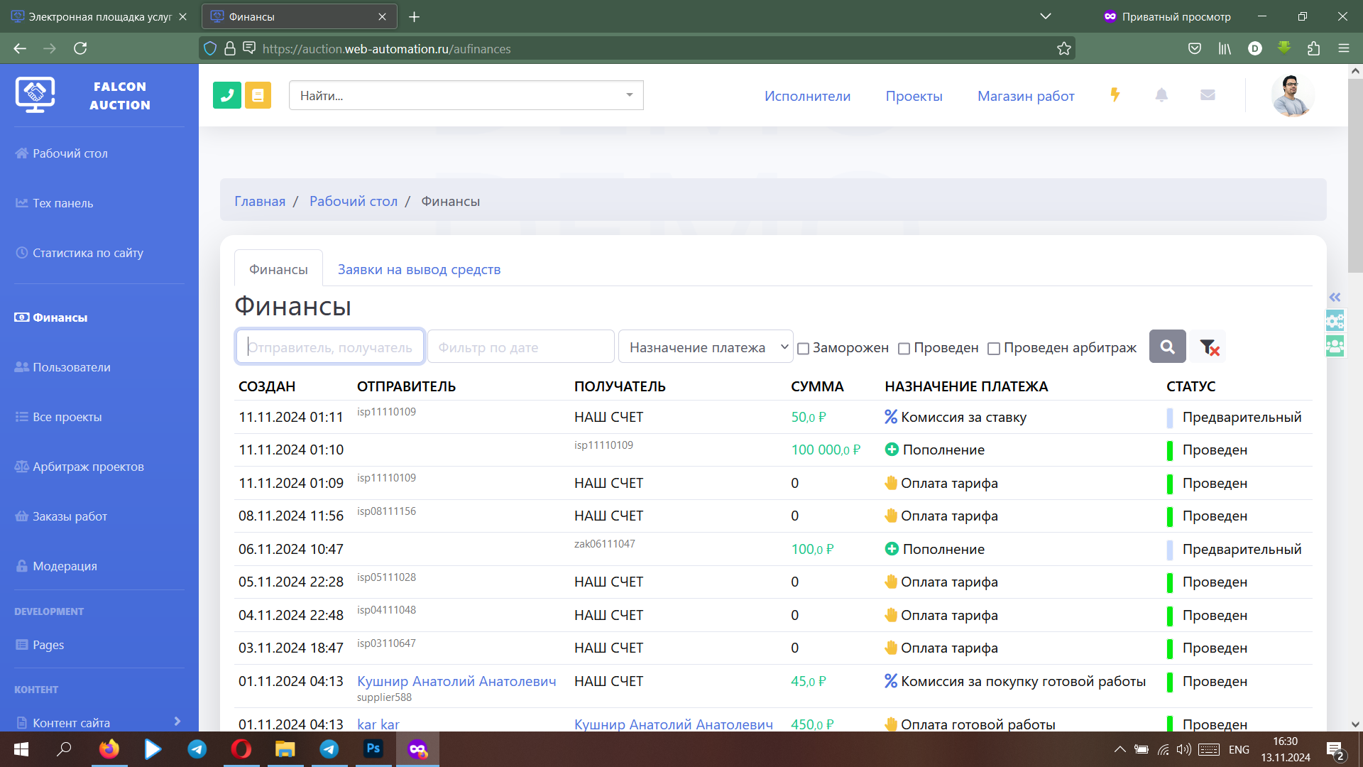 Falcon Auction характеристики