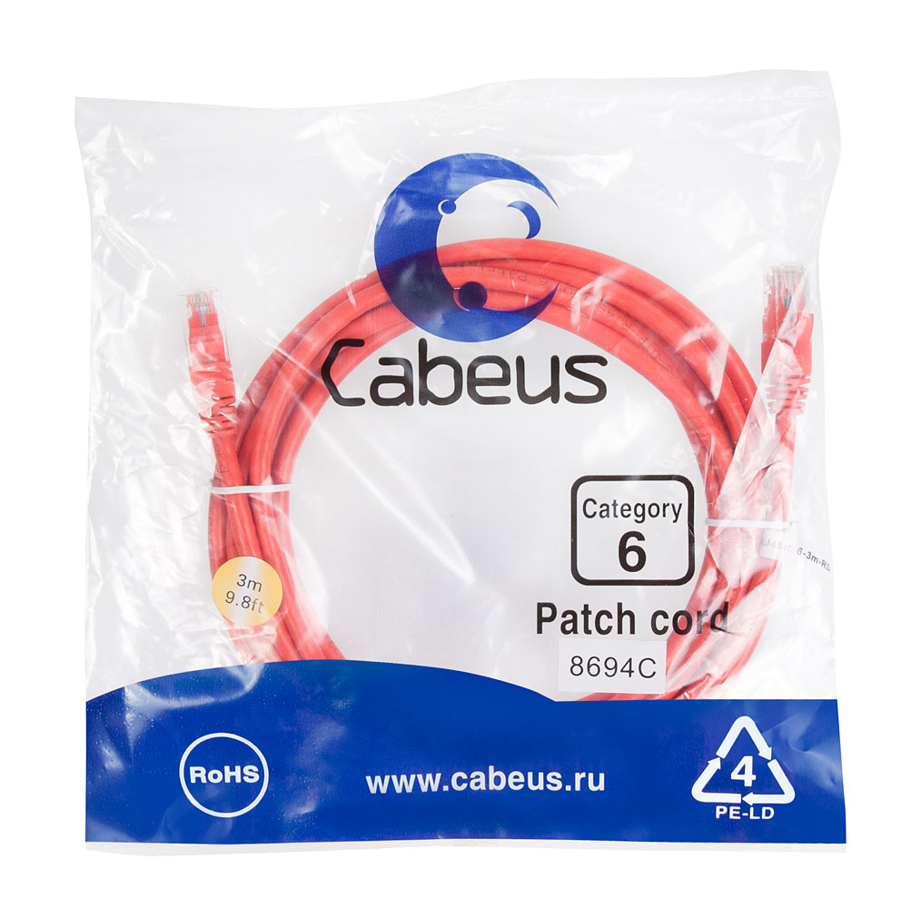 Cabeus PC-UTP-RJ45-Cat.6-3m-RD