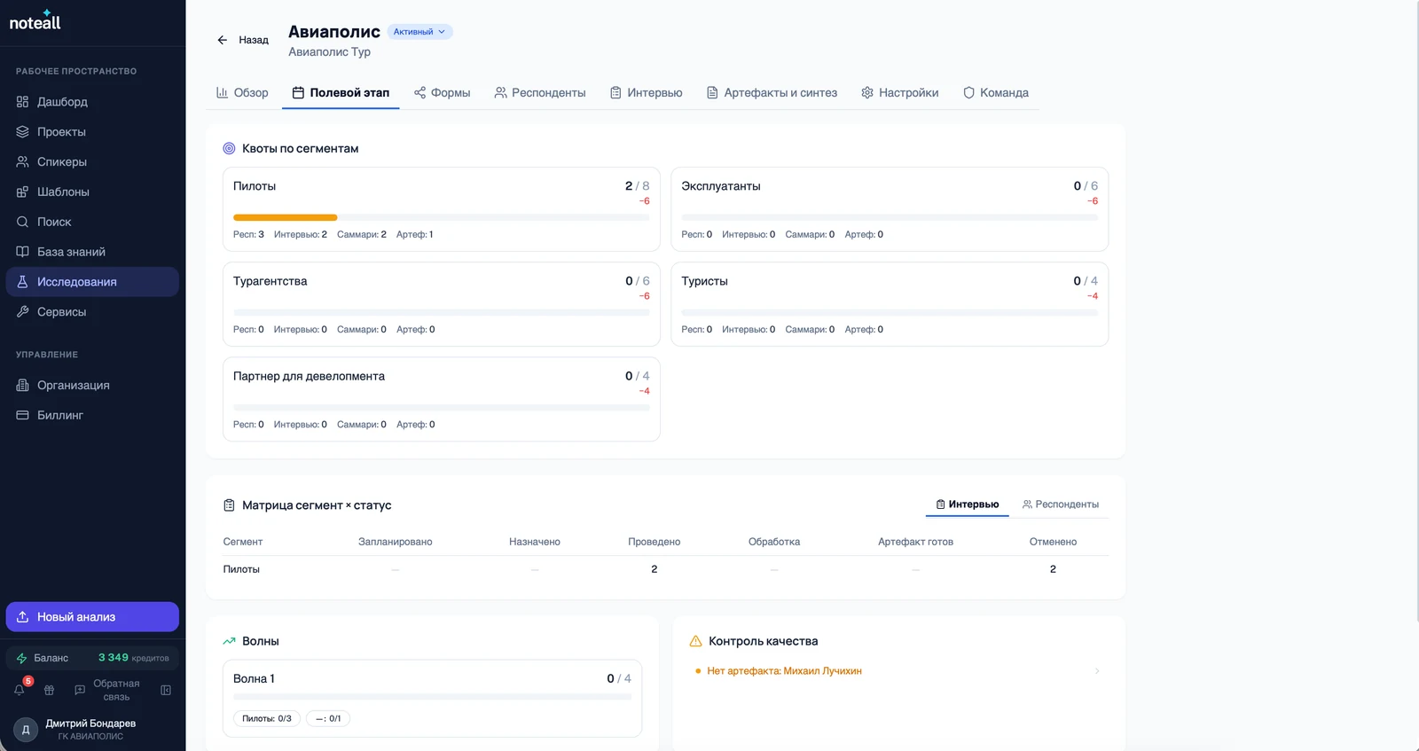 Дэшборд управления CustDev исследованием