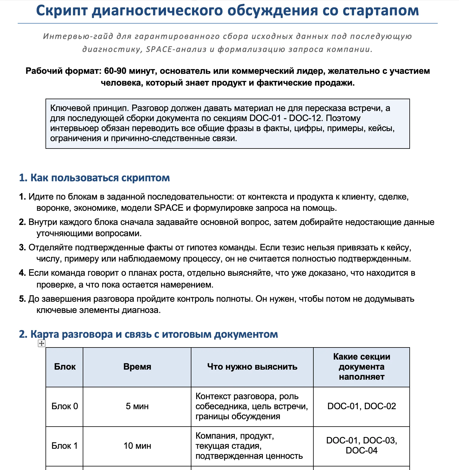 Скрипт диагностического обсуждения со стартапом: правила интервью и карта разговора со ссылками на разделы документа