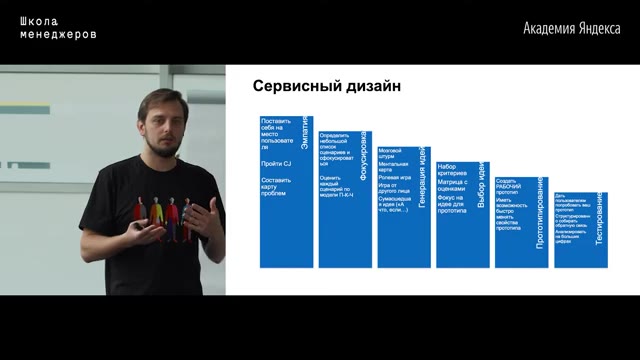 31:30 — Спикер жестами поясняет слайд «Сервисный дизайн» со ступенчатой схемой с текстовыми