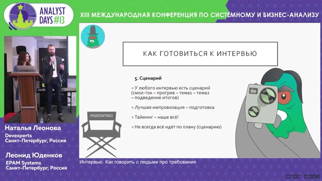 13:00 — Тот же слайд о сценарии интервью с текстовыми пунктами и иллюстрацией персонажа; ведущий
