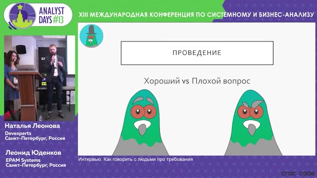 19:30 — Слайд «Хороший vs Плохой вопрос» с двумя персонажами, слева в кадре выступающая и