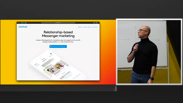 07:20 — На слайде сайт Chatfuel с заголовком «Relationship-based Messenger marketing» и макетом
