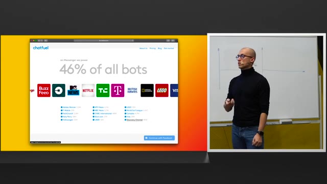 07:30 — Слайд Chatfuel с надписью «46% of all bots» и логотипами брендов; справа выступающий