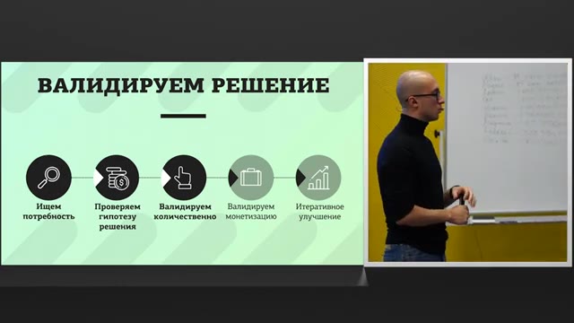 33:00 — Тот же слайд о валидации решения и последовательности этапов; преподаватель стоит боком у