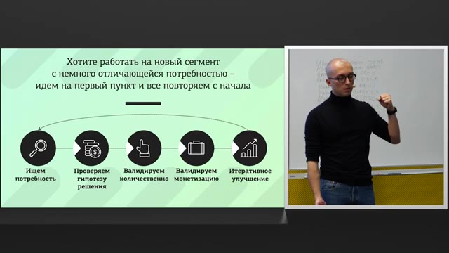 40:00 — Слайд с текстом о работе на новый сегмент и повторении процесса с поиска потребности