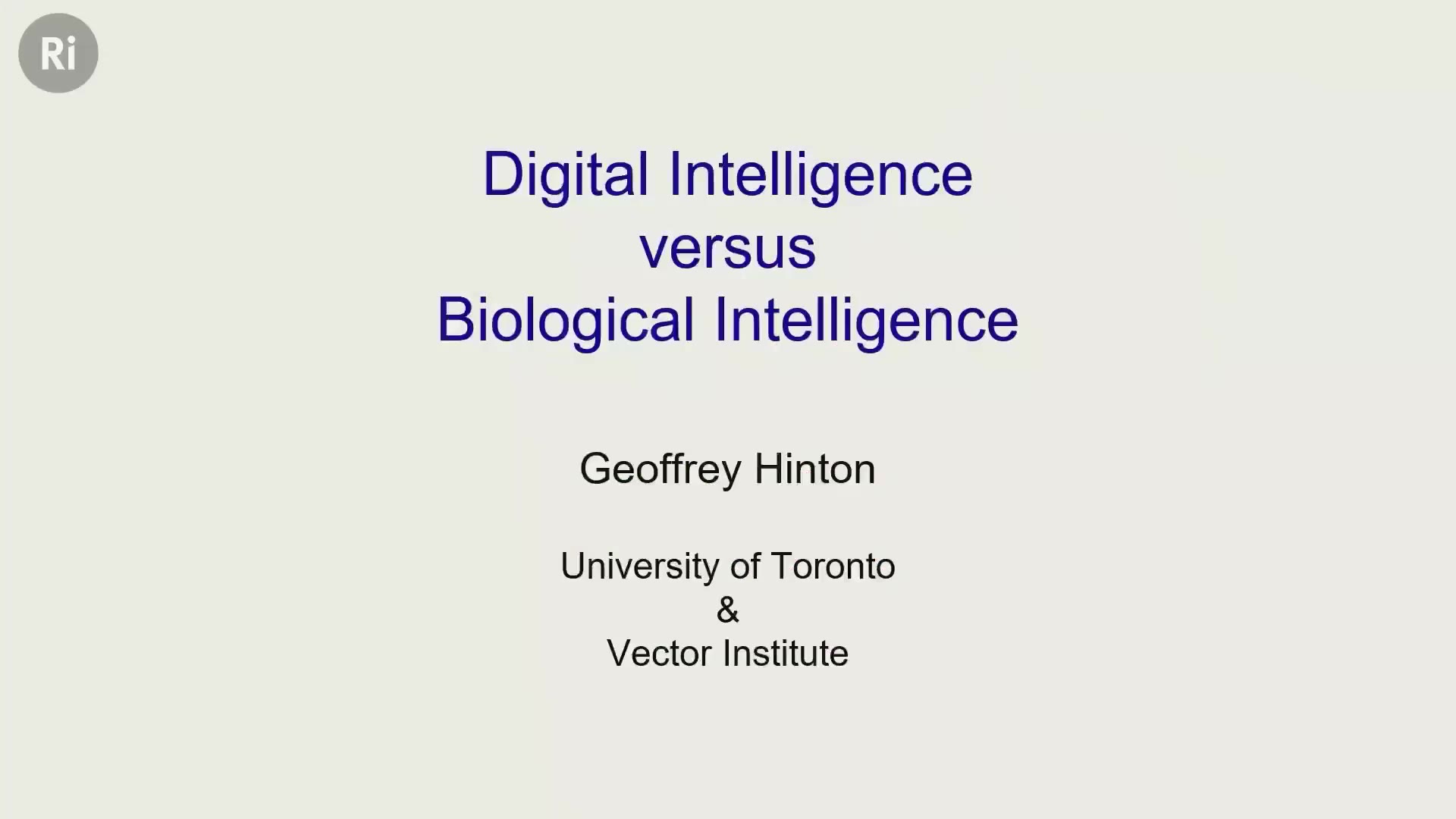 00:08 — Титульный слайд лекции Джеффри Хинтона «Digital Intelligence versus Biological