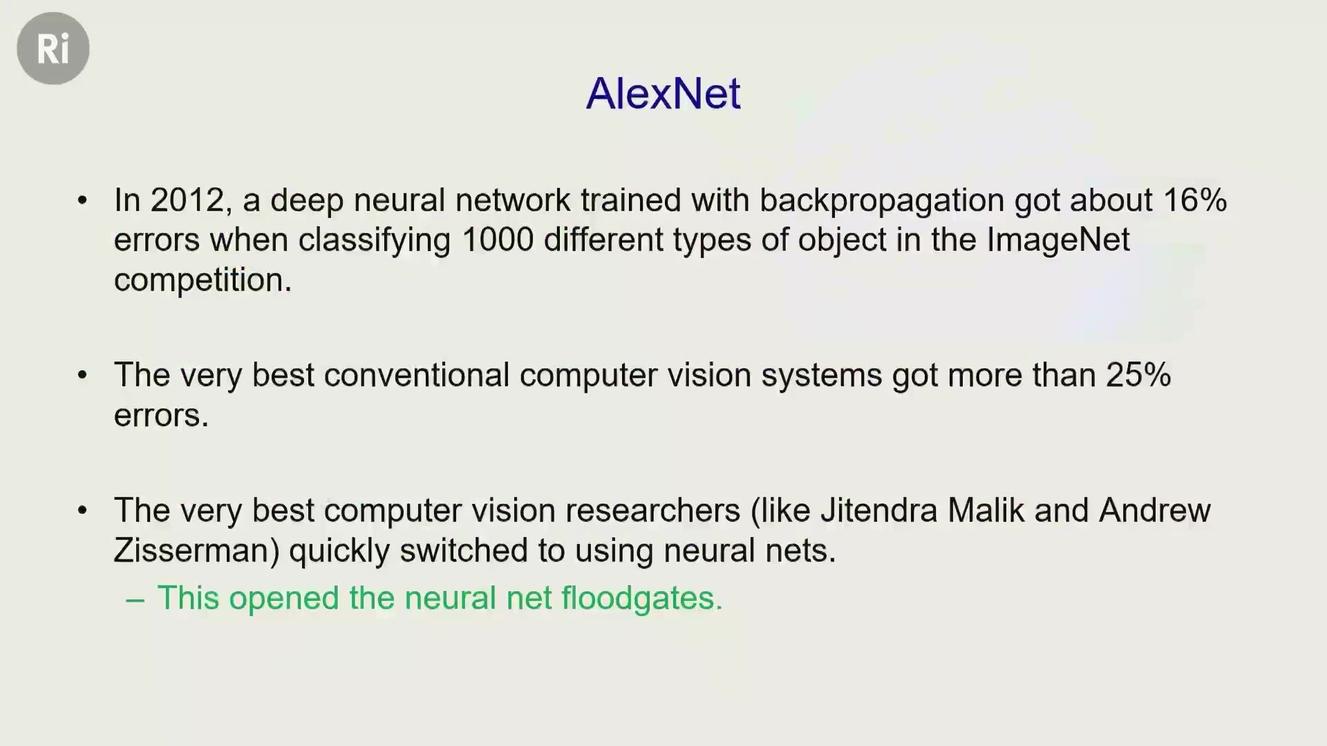 04:37 — Слайд «AlexNet» с тезисами о прорыве нейросети в ImageNet 2012: 16% ошибок против более