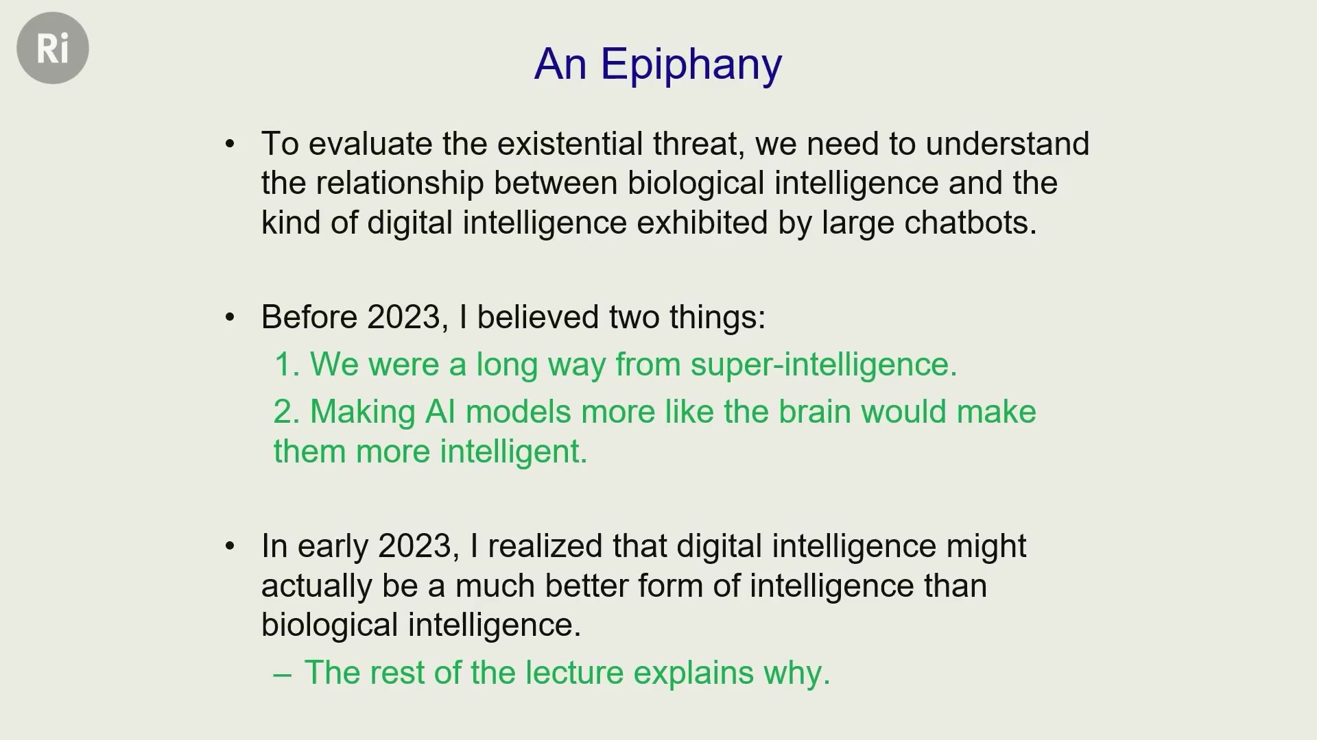 26:30 — Слайд «An Epiphany» с тезисами о связи биологического и цифрового интеллекта, а также о