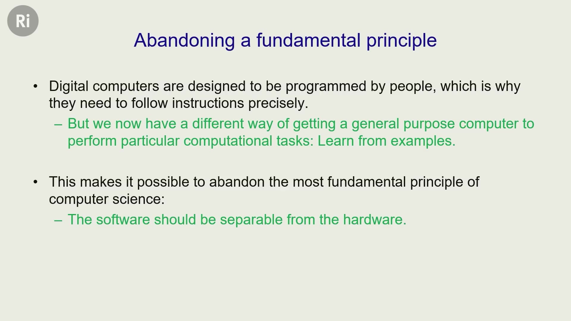 28:42 — Слайд «Abandoning a fundamental principle» о переходе от точного программирования к