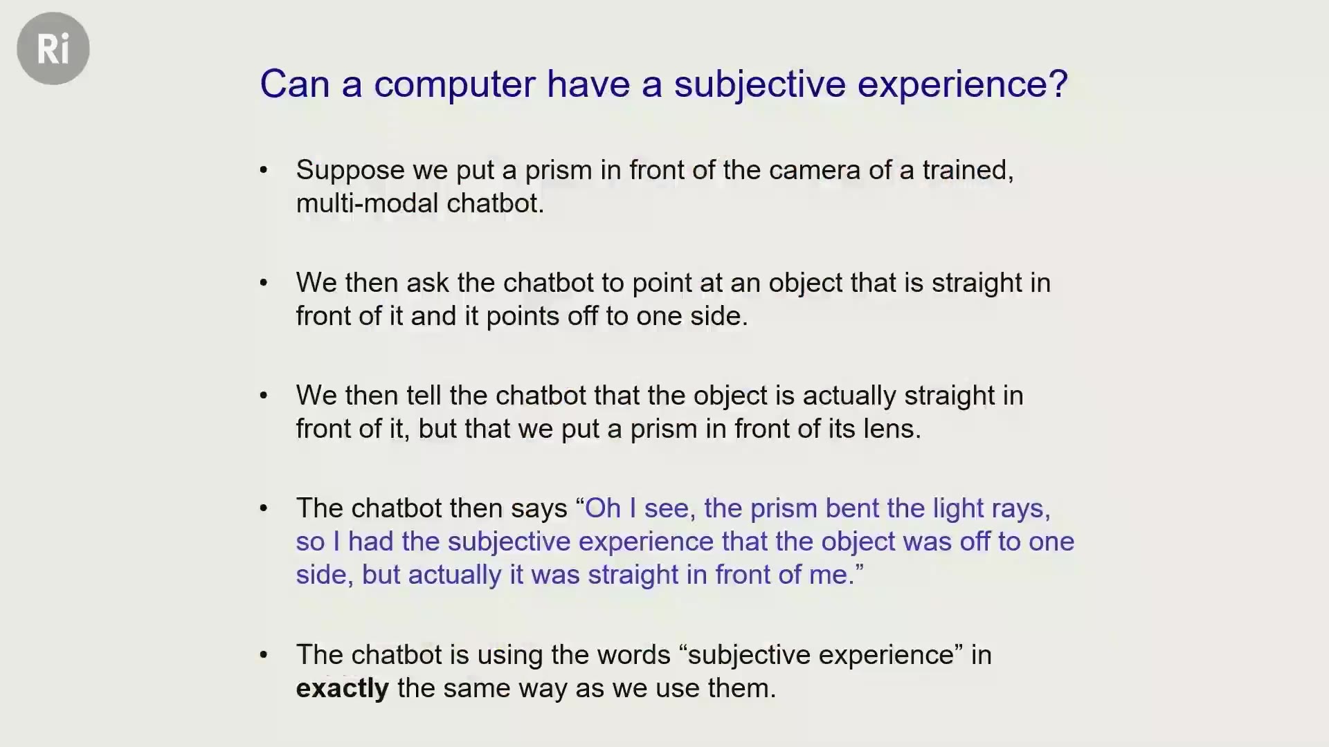 42:36 — Слайд с вопросом «Can a computer have a subjective experience?» и примером чат-бота с