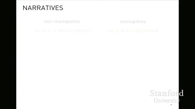 06:58 — Слайд «NARRATIVES» с двумя колонками: «non-monopolies» и «monopolies»; остальной текст и