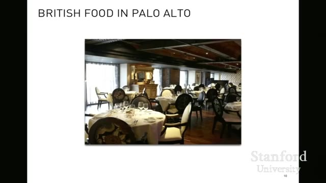 08:00 — Слайд «BRITISH FOOD IN PALO ALTO» с фотографией интерьера ресторана: накрытые столы