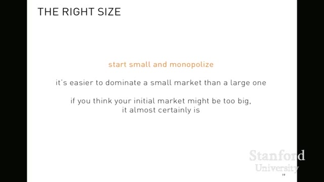 14:00 — Слайд «The Right Size» с тезисом «start small and monopolize» и пояснением, что проще