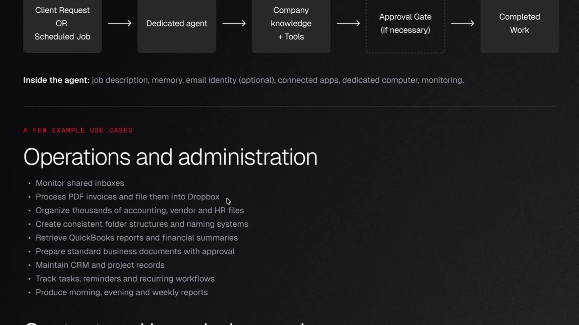 10:30 — Слайд с разделом «Operations and administration» и списком задач: мониторинг почты