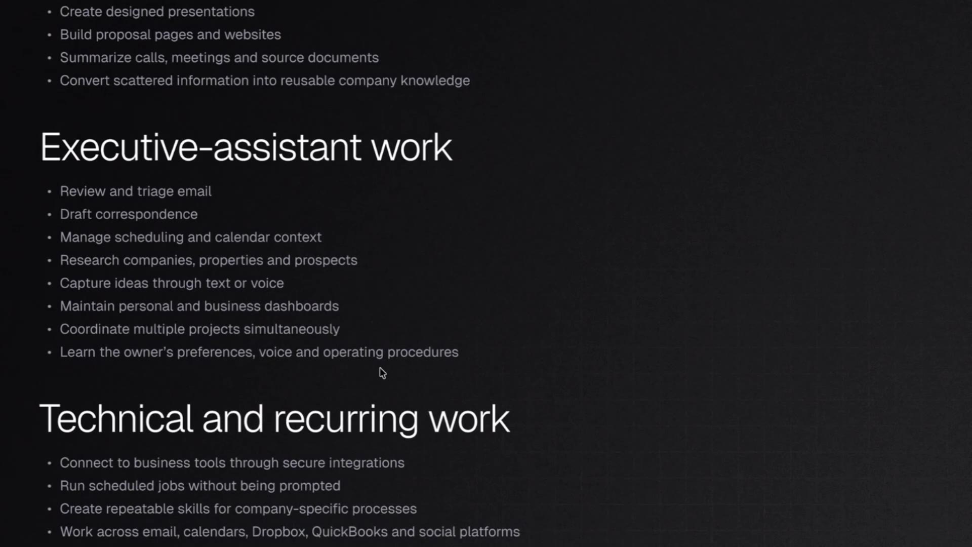 12:30 — Слайд с разделами «Executive-assistant work» и «Technical and recurring work»: почта