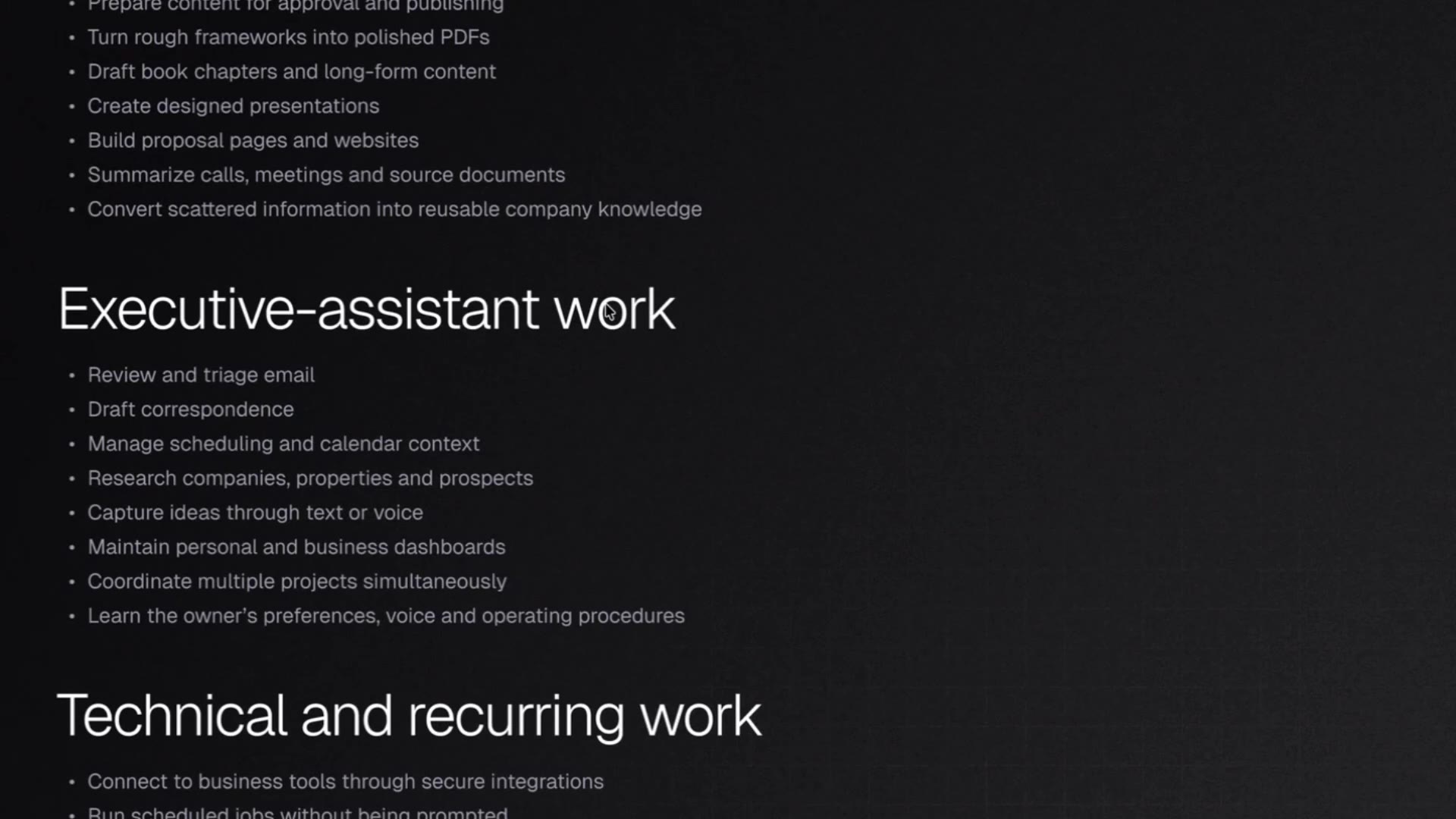 19:30 — На слайде раздел «Executive-assistant work» и начало раздела «Technical and recurring