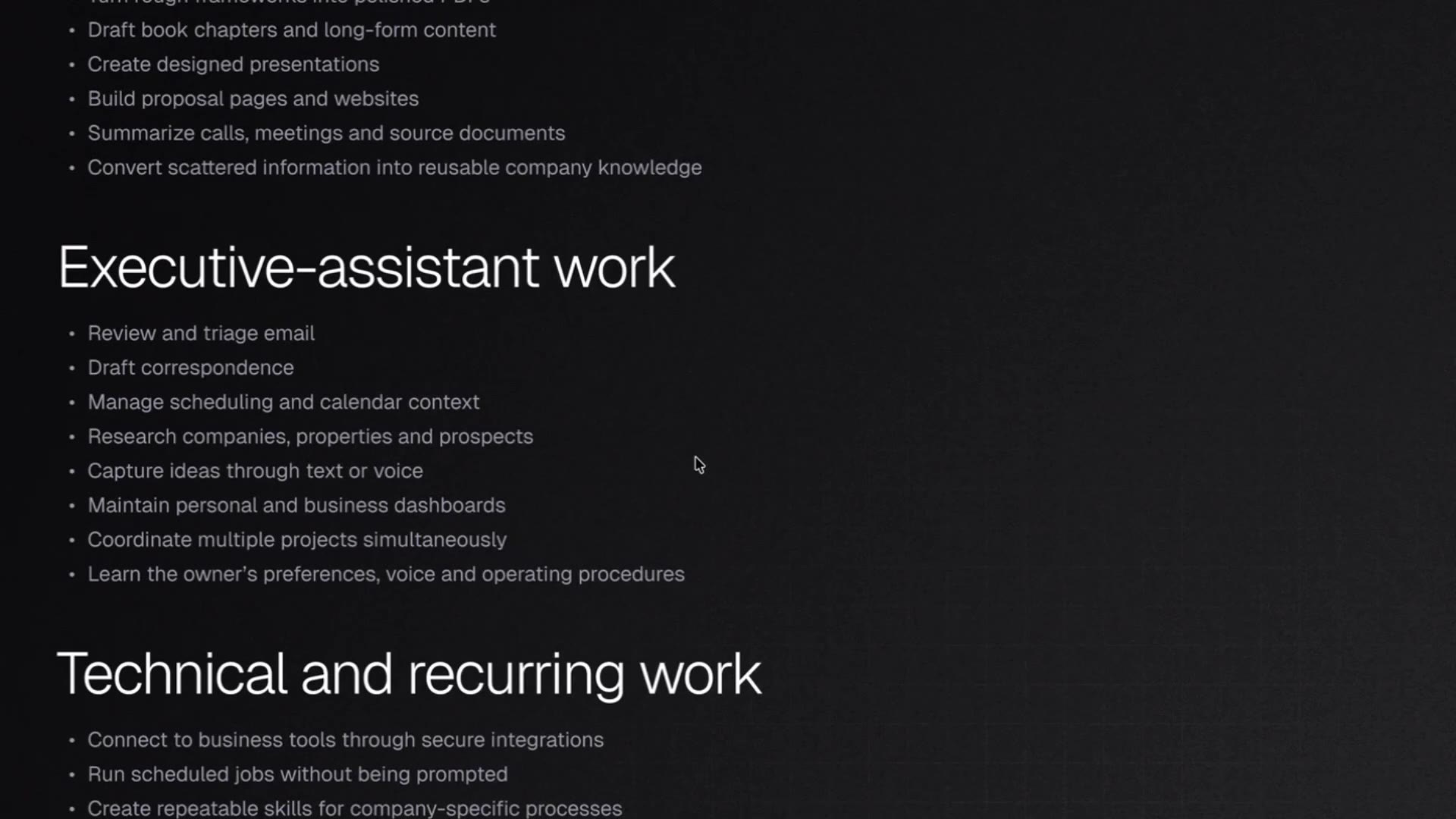 20:30 — Почти идентичный кадр: разделы «Executive-assistant work» и «Technical and recurring