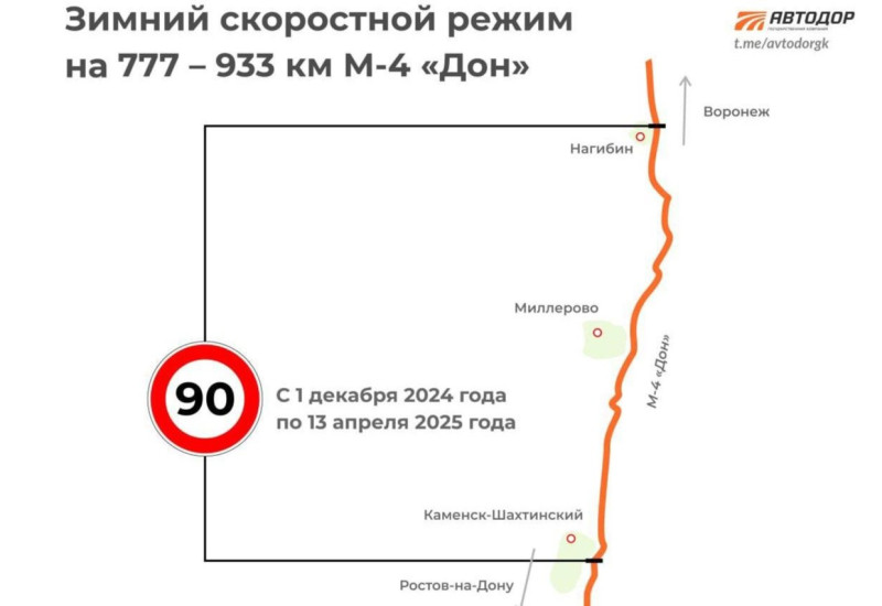 С 1 декабря на трассе М-4 «Дон» в Ростовской области введен зимний скоростной режим