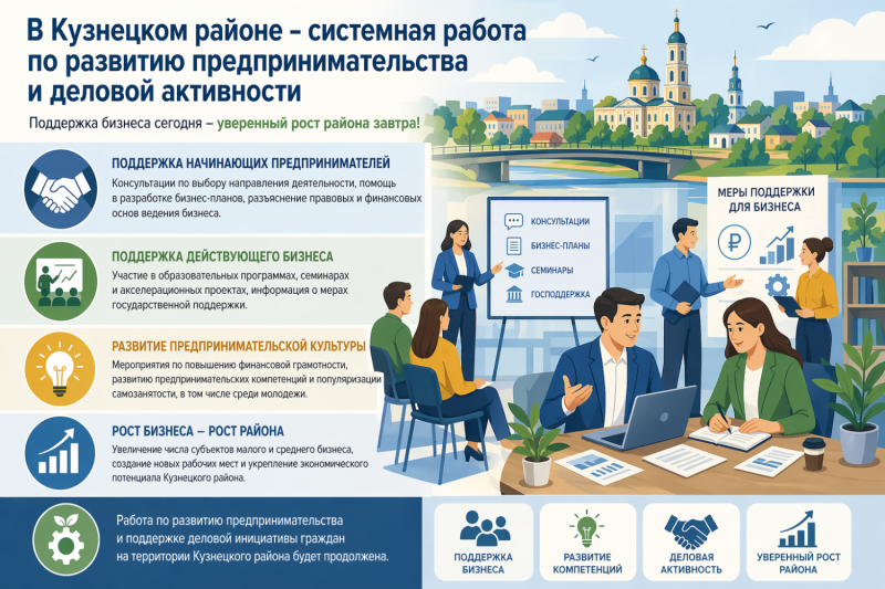 В Кузнецком районе ведется системная работа, направленная на развитие малого и среднего предпринимательства, а также повышение деловой активности населения.