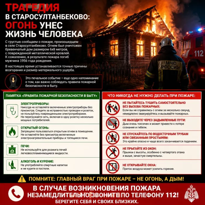 Трагедия в Старосултанбеково: огонь унес жизнь человека