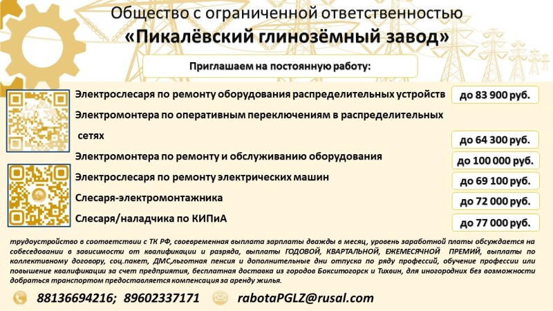 Предприятие Ленинградской области "ПИКАЛЁВСКИЙ ГЛИНОЗЁМНЫЙ ЗАВОД" объявляет о наборе соискателей по рабочим профессиям и инженерно-техническим должностям.
