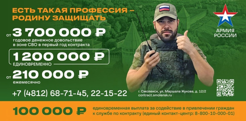 При заключении контракта на территории Смоленской области граждане будут получать 1,2 млн рублей