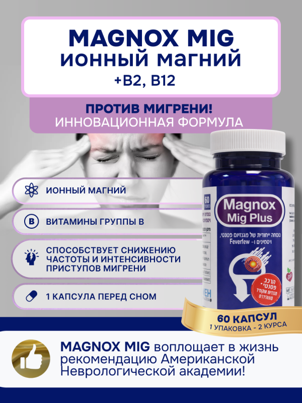 Magnox Mig Магний, витамины В12, В2, цинк. Комплекс от Naveh Pharma для профилактики мигрени.