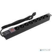 Exegate EX280845RUS Блок розеток ExeGate ServerPro PDU-19H806 Al-8S-C14-3-SW, 19&quot;, 1U, алюм, 8Schuko, кабель с C14 3м 