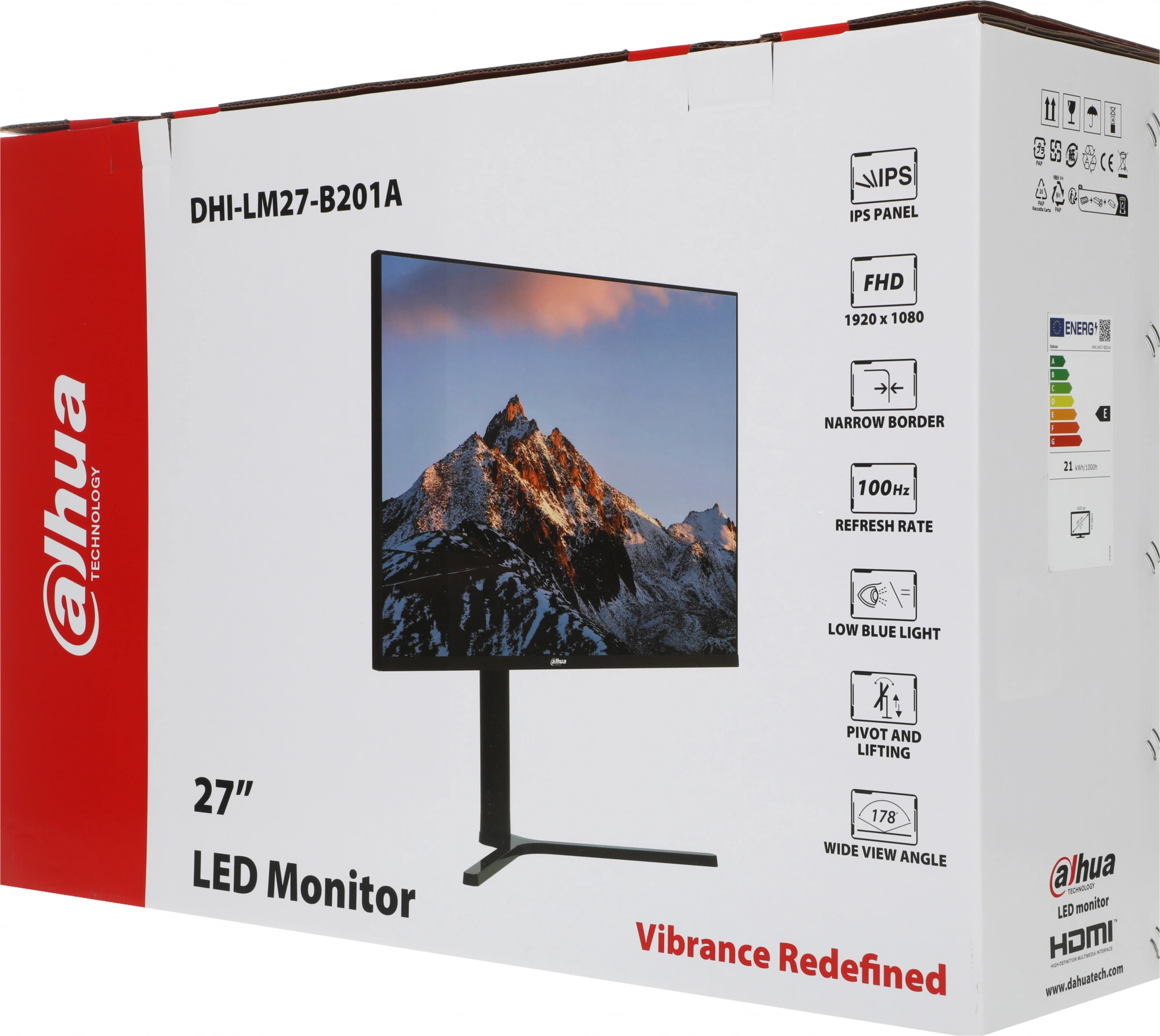 Dahua DHI-LM27-B201A 27"(16:9) FullHD монитор IPS. LED подсветка, 920x1080, 250 кд/м2, 1000:1, 178°/178°, 5 мс, 100Гц, Цвет: 16.7Млн (8 бит), VESA: 100x100 м. VGAx1, HDMIx1, DPx1