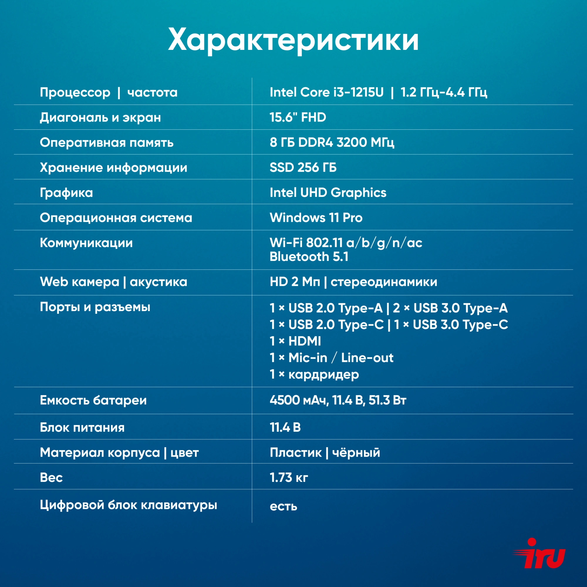 IRU Tactio 15ALG [2019263] Black {FHD i3 1215U/ 8Gb/ SSD256Gb/ Intel UHD Graphics/Win 11 Pro}
