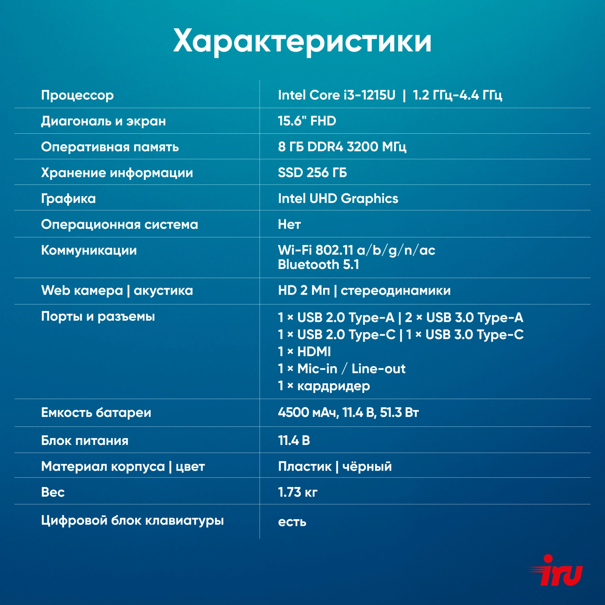 IRU Tactio 15ALG [2023565] Black 15.6" {FHD  i3 1215U/ 8Gb/ SSD256Gb/ Intel Iris Xe/DOS}