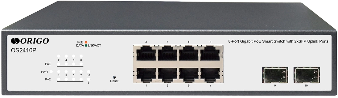ORIGO OS2410P/120W/A1A Настраиваемый L2 PoE-коммутатор 8x1000Base-T PoE+, 2x1000Base-X SFP, PoE-бюджет 120 Вт