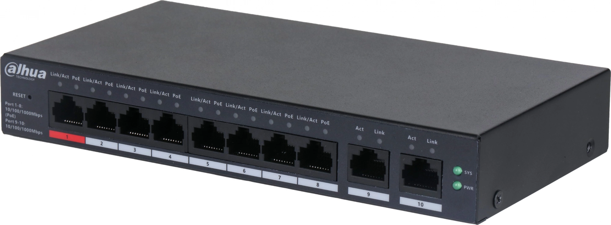 DAHUA DH-CS4010-8GT-110 8-портовый гигабитный PoE коммутатор управляемый  8 RJ45 10/100/1000Мбит/с (PoE/PoE+/Hi-PoE), 2 RJ45 10/100/1000Мбит/с (uplink) до 60Вт