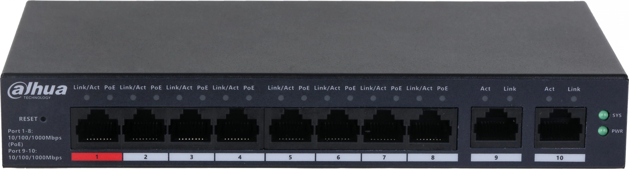 DAHUA DH-CS4010-8GT-110 8-портовый гигабитный PoE коммутатор управляемый  8 RJ45 10/100/1000Мбит/с (PoE/PoE+/Hi-PoE), 2 RJ45 10/100/1000Мбит/с (uplink) до 60Вт