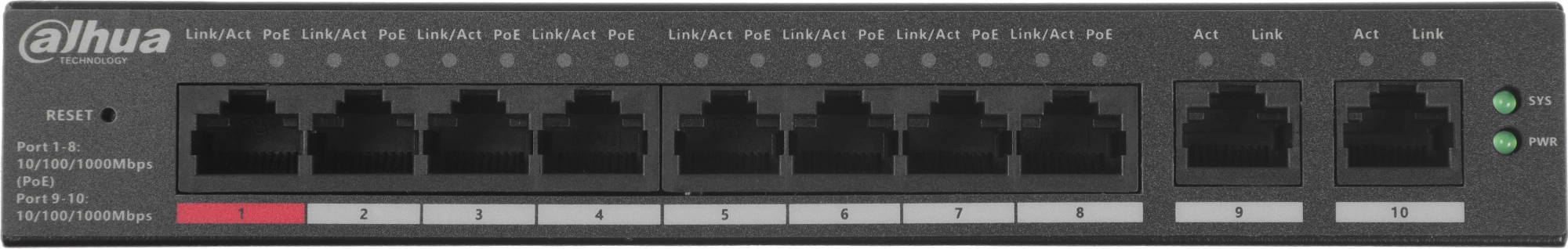 DAHUA DH-CS4010-8GT-110 8-портовый гигабитный PoE коммутатор управляемый  8 RJ45 10/100/1000Мбит/с (PoE/PoE+/Hi-PoE), 2 RJ45 10/100/1000Мбит/с (uplink) до 60Вт