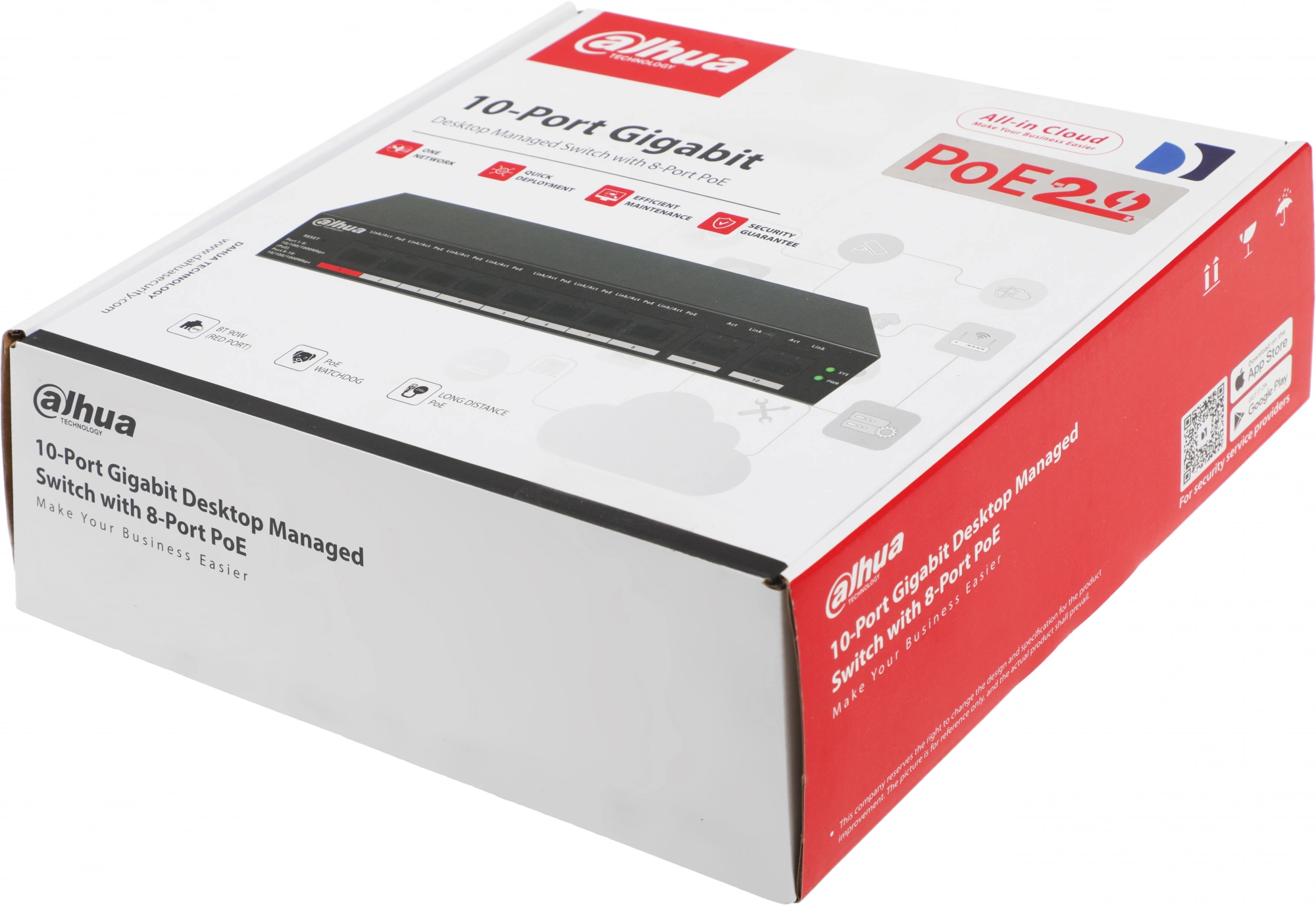 DAHUA DH-CS4010-8GT-110 8-портовый гигабитный PoE коммутатор управляемый  8 RJ45 10/100/1000Мбит/с (PoE/PoE+/Hi-PoE), 2 RJ45 10/100/1000Мбит/с (uplink) до 60Вт