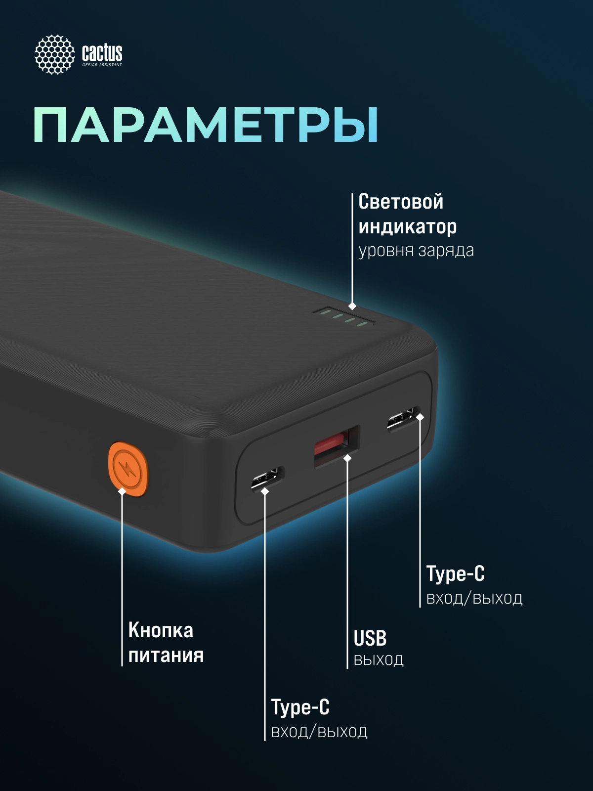 Мобильный аккумулятор Cactus CS-PBFSDA-20000 20000mAh 4.5A USB-A/2xUSB-C черный Мобильный аккумулятор Cactus CS-PBFSDA-20000 20000mAh 4.5A USB-A/2xUSB-C черный